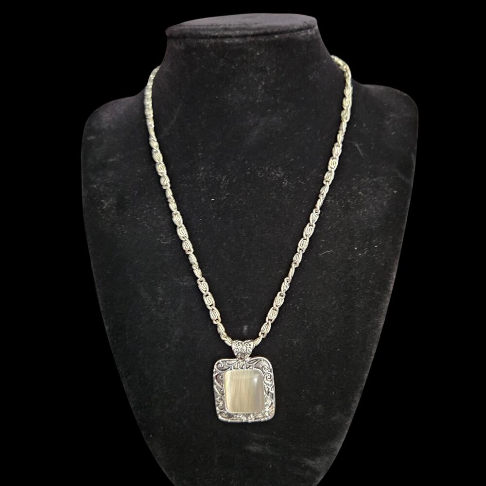 Silver Tone Moonstone Pendant Necklace Ornate Scroll Frame